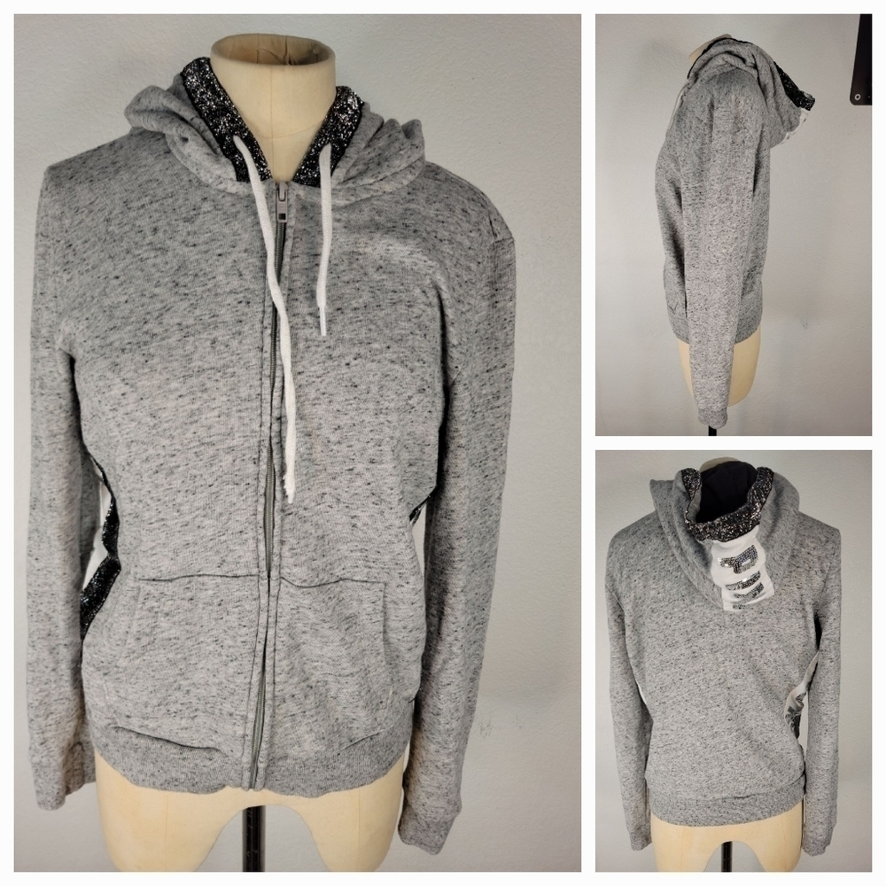 Victoria's Secret Pink Sz S Bling Hooded Zip Up Sweater Gray Sequin